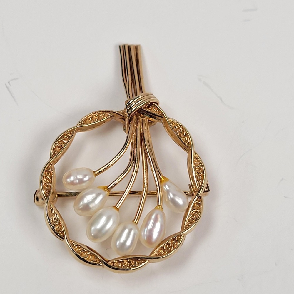 Vintage Catamore 1/20 12K GF Pearl Brooch Gold‎ Tone Wreath Floral Bouquet Pin